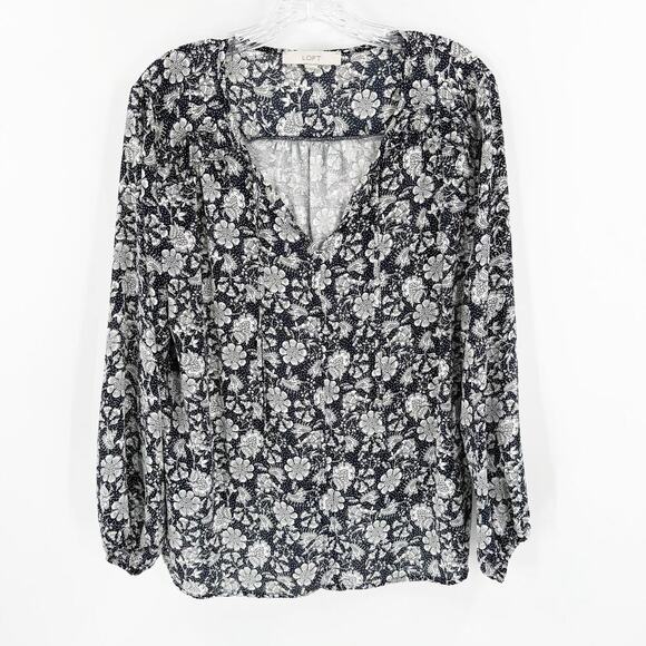 LOFT Womens Floral Tie Neck Ruffle Shoulder Balloon Sleeve Blouse Top Size Large - Picture 1 of 11
